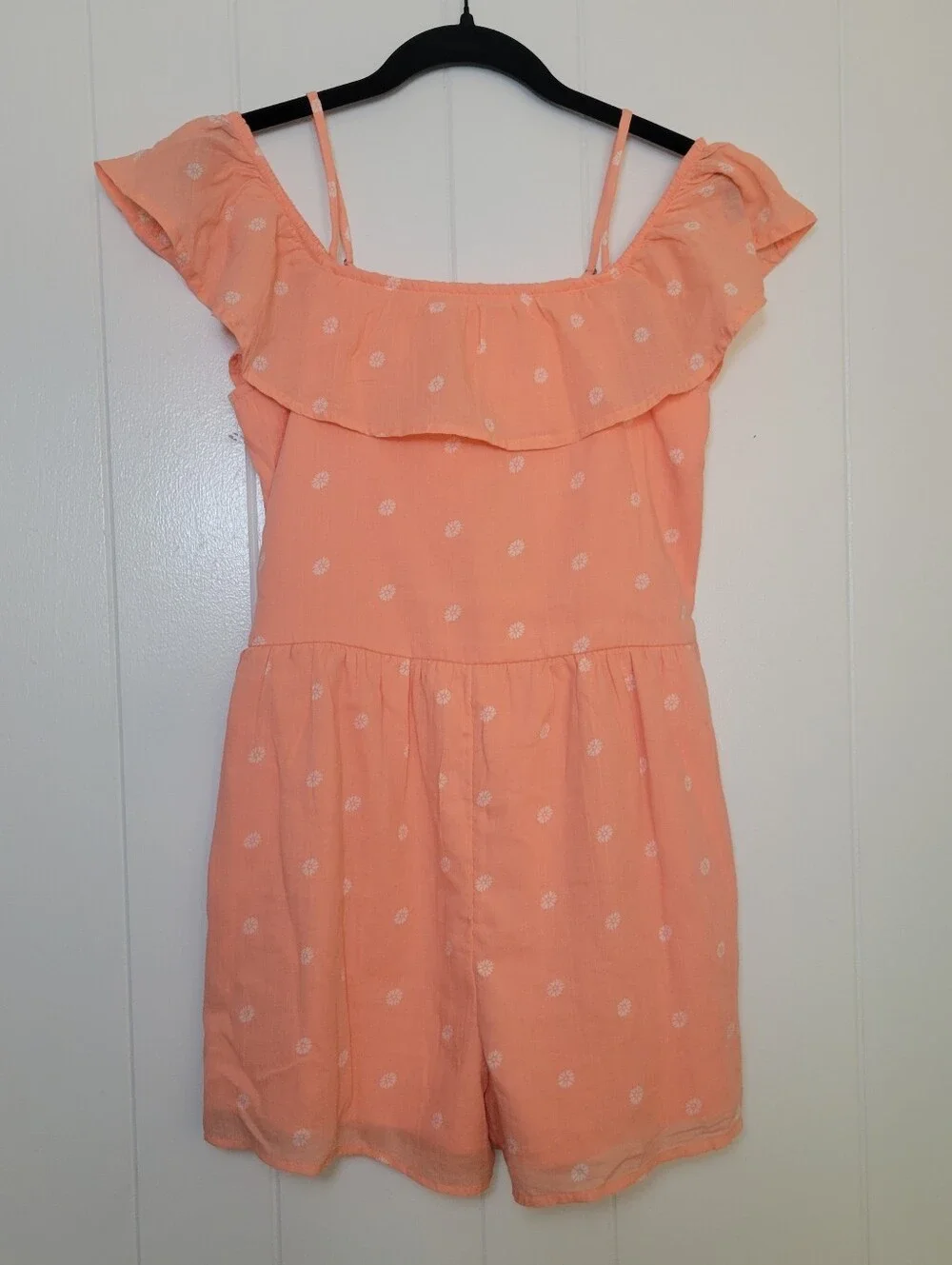 NWT Abercrombie Kids Romper Floral Ruffled Off Shoulder Peach White Girls 15/16